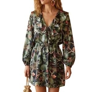 Johanna Ortiz x HM Tropical Floral Ruffle V-Neck Smocked Mini Dress Womens L